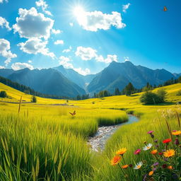 A serene landscape depicting a lush green meadow bathed in warm sunlight, with a gentle breeze causing the tall grasses to sway