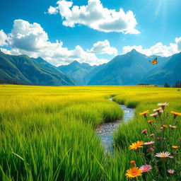 A serene landscape depicting a lush green meadow bathed in warm sunlight, with a gentle breeze causing the tall grasses to sway