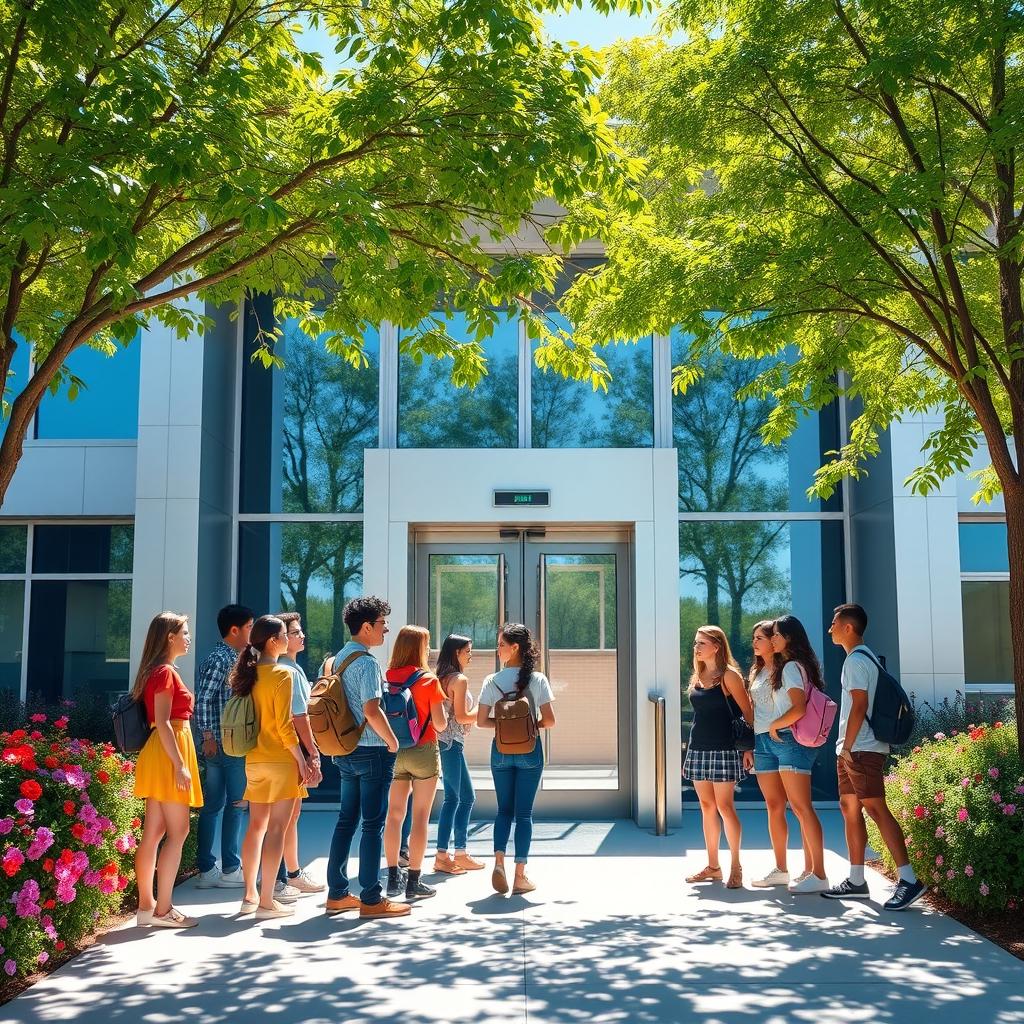 A visually engaging scene depicting a group of diverse students standing in a queue outside a modern school building with a sleek automatic door equipped with a sensor