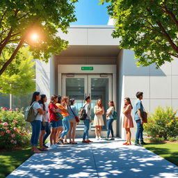 A visually engaging scene depicting a group of diverse students standing in a queue outside a modern school building with a sleek automatic door equipped with a sensor