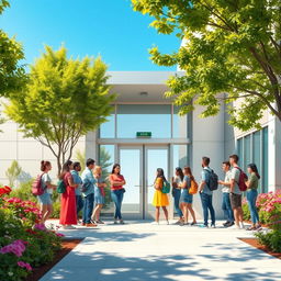 A visually engaging scene depicting a group of diverse students standing in a queue outside a modern school building with a sleek automatic door equipped with a sensor