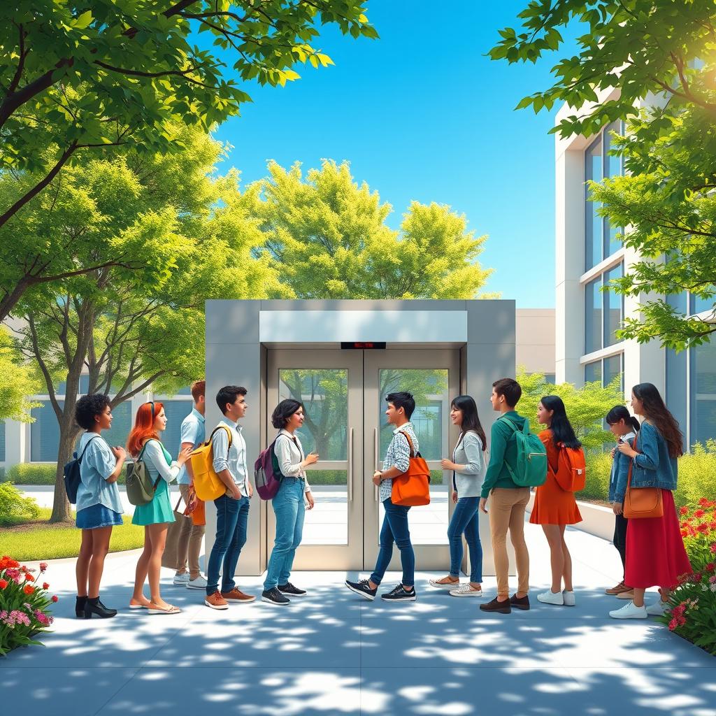 A visually engaging scene depicting a group of diverse students standing in a queue outside a modern school building with a sleek automatic door equipped with a sensor