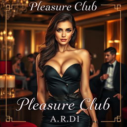 An alluring book cover for the erotic romance novel 'Pleasure Club', showcasing a gorgeous female manager in a stylish, form-fitting suit as the main focus in the foreground