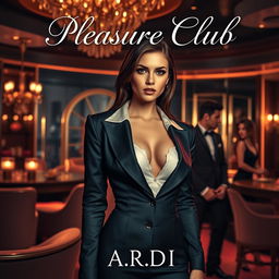 An alluring book cover for the erotic romance novel 'Pleasure Club', showcasing a gorgeous female manager in a stylish, form-fitting suit as the main focus in the foreground