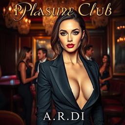 An alluring book cover for the erotic romance novel 'Pleasure Club', showcasing a gorgeous female manager in a stylish, form-fitting suit as the main focus in the foreground