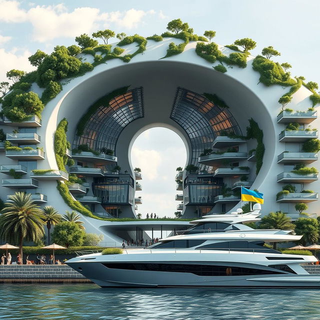 A photorealistic depiction of a futuristic building resembling the silhouette of Ukraine, featuring a large opening shaped like the map of Ukraine