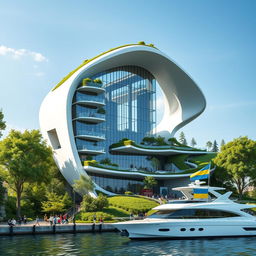 A photorealistic depiction of a futuristic building resembling the silhouette of Ukraine, featuring a large opening shaped like the map of Ukraine