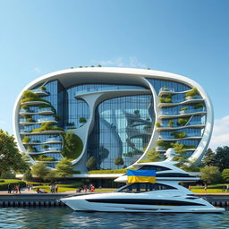 A photorealistic depiction of a futuristic building resembling the silhouette of Ukraine, featuring a large opening shaped like the map of Ukraine