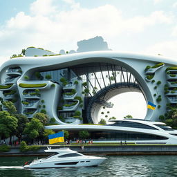 A photorealistic depiction of a futuristic building resembling the silhouette of Ukraine, featuring a large opening shaped like the map of Ukraine