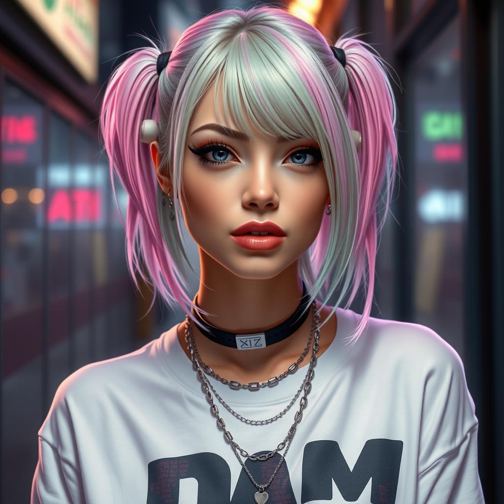 A realistic portrait of an E-girl, showcasing her unique style with dyed hair in pastel colors, expertly applied makeup including bold eyeliner and glossy lips