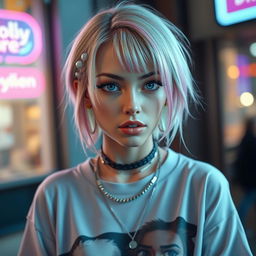 A realistic portrait of an E-girl, showcasing her unique style with dyed hair in pastel colors, expertly applied makeup including bold eyeliner and glossy lips