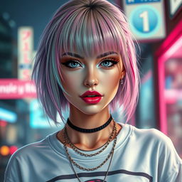 A realistic portrait of an E-girl, showcasing her unique style with dyed hair in pastel colors, expertly applied makeup including bold eyeliner and glossy lips