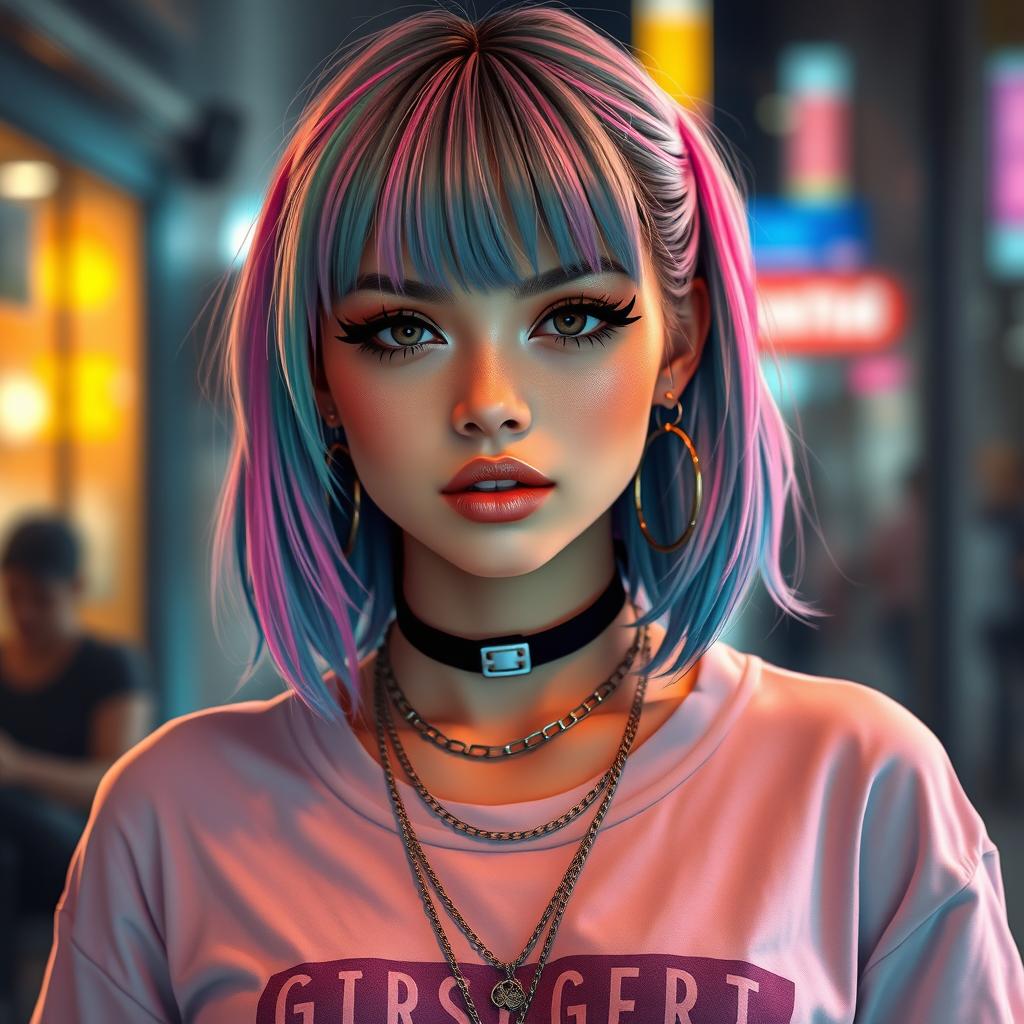 A realistic portrait of an E-girl, showcasing her unique style with dyed hair in pastel colors, expertly applied makeup including bold eyeliner and glossy lips