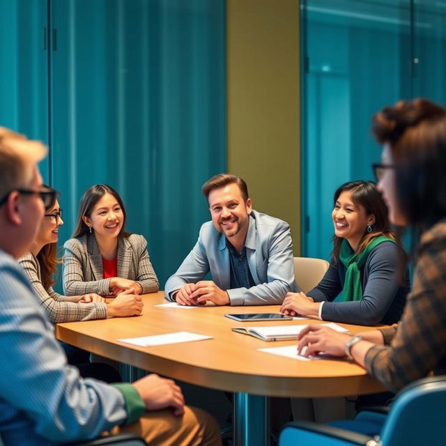 A detailed image of a group of people sitting around a conference table, with a central figure leading the discussion