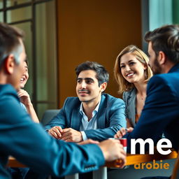 A detailed image of a group of people sitting around a conference table, with a central figure leading the discussion