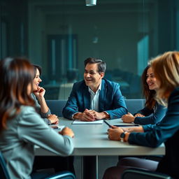 A detailed image of a group of people sitting around a conference table, with a central figure leading the discussion