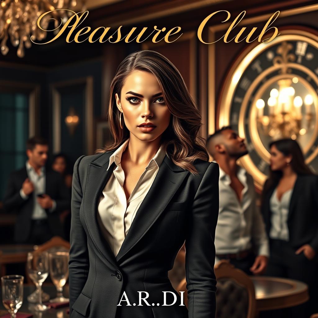 An enticing book cover for the erotic romance novel 'Pleasure Club', featuring a stunning female manager in a stylish, fitted suit as the central figure in the foreground