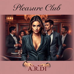 An enticing book cover for the erotic romance novel 'Pleasure Club', featuring a stunning female manager in a stylish, fitted suit as the central figure in the foreground