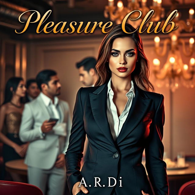 An enticing book cover for the erotic romance novel 'Pleasure Club', featuring a stunning female manager in a stylish, fitted suit as the central figure in the foreground