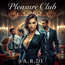 An enticing book cover for the erotic romance novel 'Pleasure Club', featuring a stunning female manager in a stylish, fitted suit as the central figure in the foreground