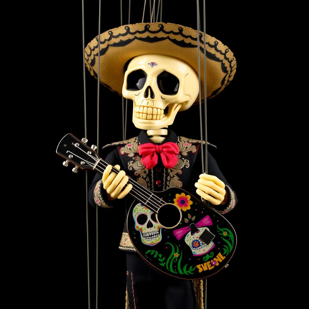 A marionette puppet featuring a skeletal face, dressed in a traditional Mariachi outfit with ornate detailing