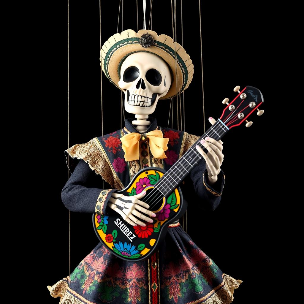 A marionette puppet featuring a skeletal face, dressed in a traditional Mariachi outfit with ornate detailing