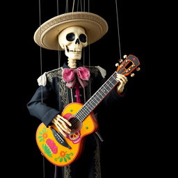 A marionette puppet featuring a skeletal face, dressed in a traditional Mariachi outfit with ornate detailing