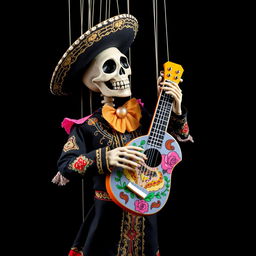 A marionette puppet featuring a skeletal face, dressed in a traditional Mariachi outfit with ornate detailing