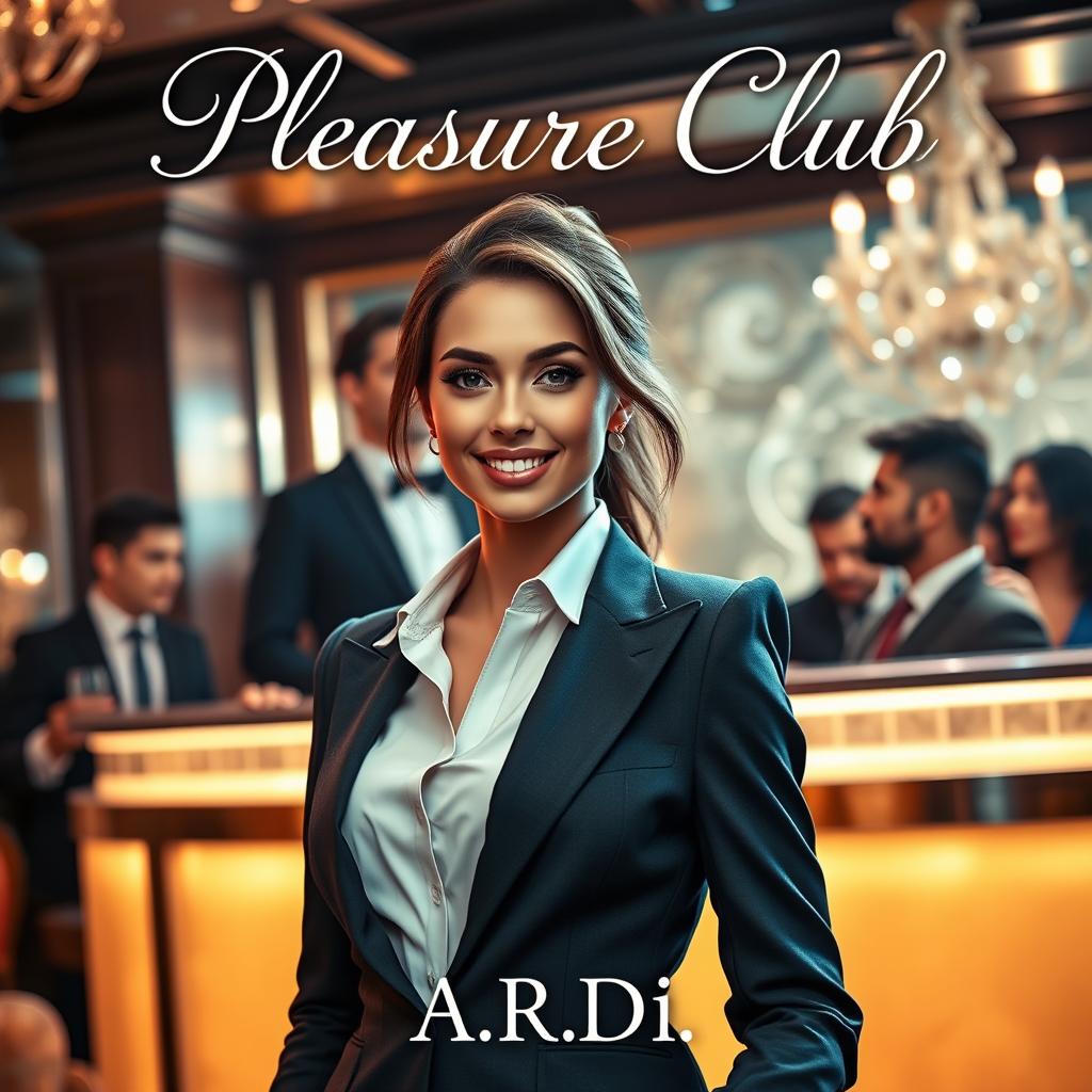 A captivating book cover for the erotic romance novel 'Pleasure Club', featuring a stunning female manager in a chic, tailored suit prominently in the foreground