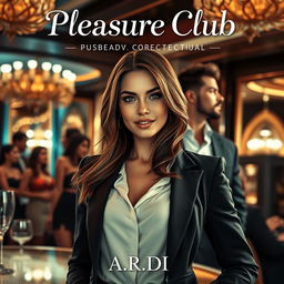 A captivating book cover for the erotic romance novel 'Pleasure Club', featuring a stunning female manager in a chic, tailored suit prominently in the foreground