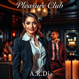 A captivating book cover for the erotic romance novel 'Pleasure Club', featuring a stunning female manager in a chic, tailored suit prominently in the foreground