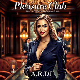 A captivating book cover for the erotic romance novel 'Pleasure Club', featuring a stunning female manager in a chic, tailored suit prominently in the foreground