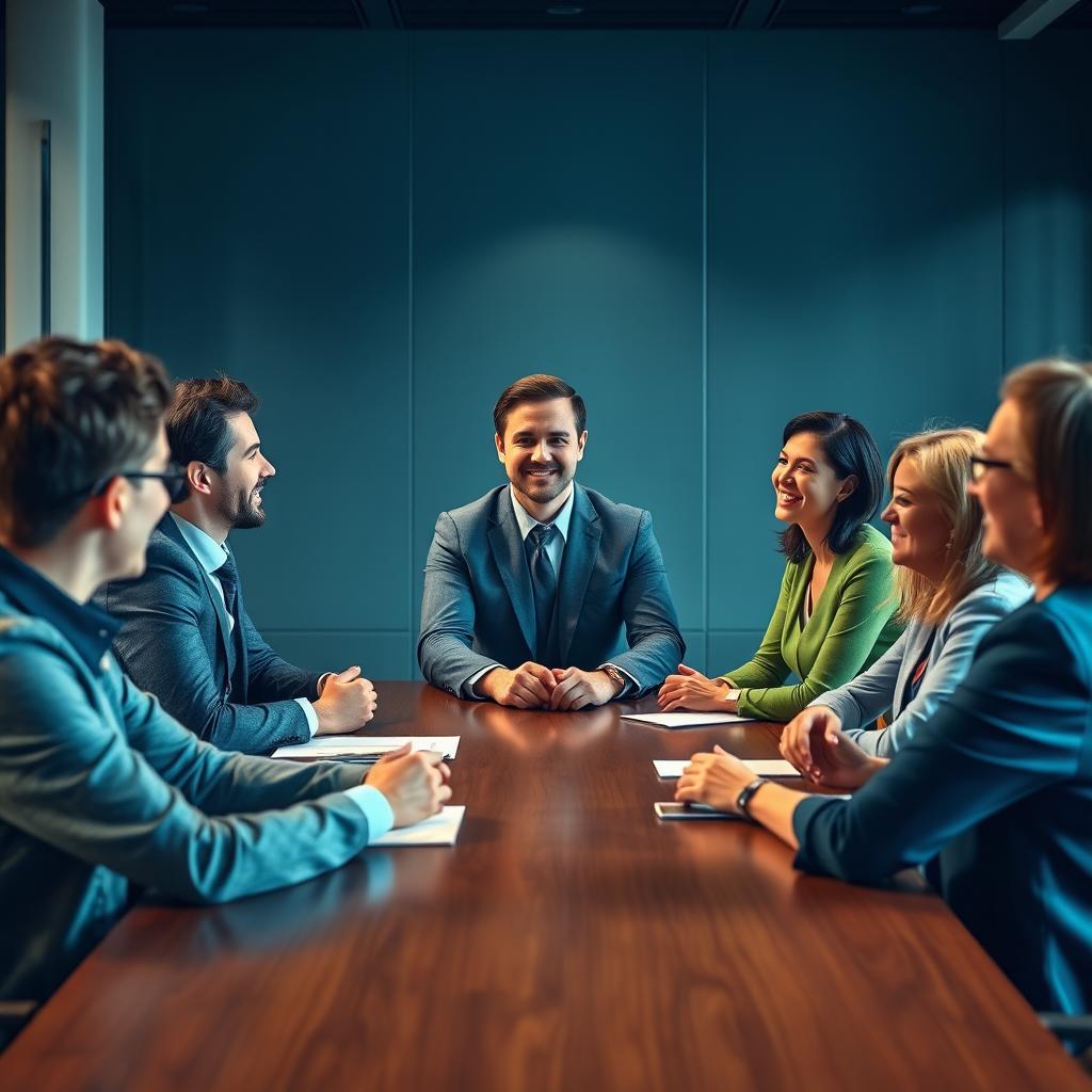 A realistic image of a group of people gathered around a conference table, with a central figure leading the discussion