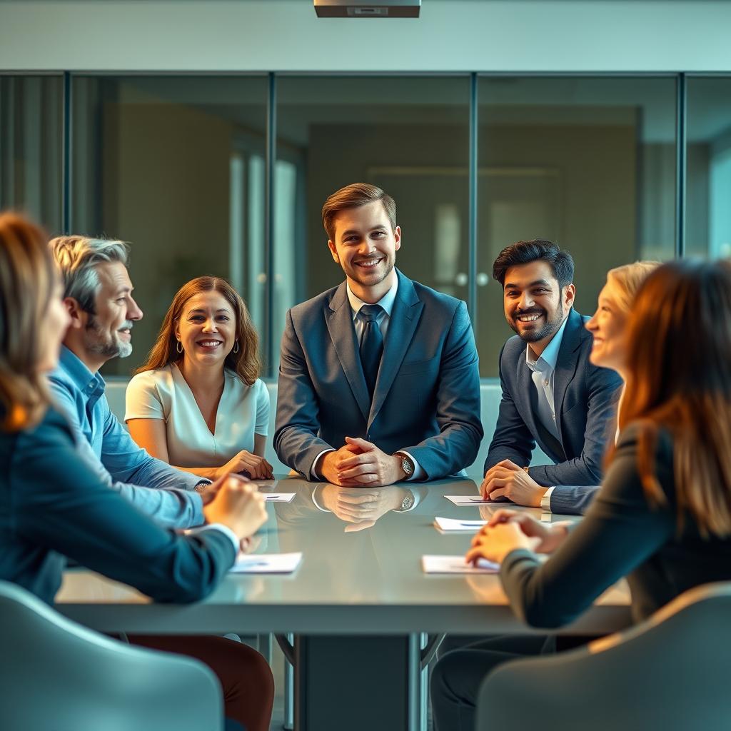 A realistic image of a group of people gathered around a conference table, with a central figure leading the discussion