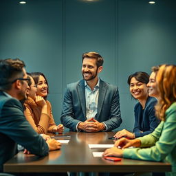 A realistic image of a group of people gathered around a conference table, with a central figure leading the discussion