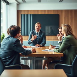 A realistic image of a group of people gathered around a conference table, with a central figure leading the discussion