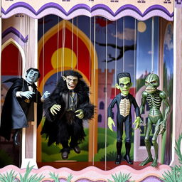 A whimsical scene featuring marionette puppets of Dracula, the Wolfman, Frankenstein's monster, and the Creature from the Black Lagoon, all elegantly suspended from strings within a beautifully painted cardboard castle