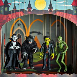 A whimsical scene featuring marionette puppets of Dracula, the Wolfman, Frankenstein's monster, and the Creature from the Black Lagoon, all elegantly suspended from strings within a beautifully painted cardboard castle