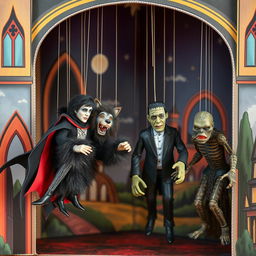 A whimsical scene featuring marionette puppets of Dracula, the Wolfman, Frankenstein's monster, and the Creature from the Black Lagoon, all elegantly suspended from strings within a beautifully painted cardboard castle