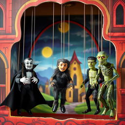 A whimsical scene featuring marionette puppets of Dracula, the Wolfman, Frankenstein's monster, and the Creature from the Black Lagoon, all elegantly suspended from strings within a beautifully painted cardboard castle