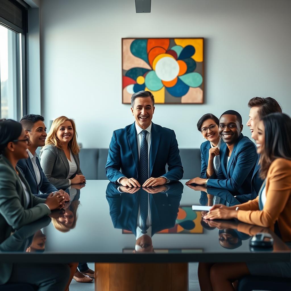 A highly detailed and vibrant image of a diverse group of professionals gathered around a sleek, modern conference table in a well-lit conference room