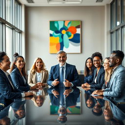 A highly detailed and vibrant image of a diverse group of professionals gathered around a sleek, modern conference table in a well-lit conference room