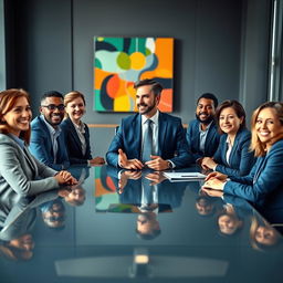 A highly detailed and vibrant image of a diverse group of professionals gathered around a sleek, modern conference table in a well-lit conference room