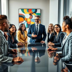 A highly detailed and vibrant image of a diverse group of professionals gathered around a sleek, modern conference table in a well-lit conference room