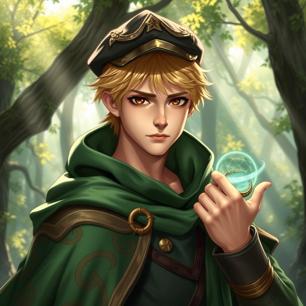 A 25-year-old male human mage with short blonde hair and piercing brown eyes, wearing an intricate green cape that billows gracefully around him