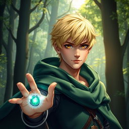 A 25-year-old male human mage with short blonde hair and piercing brown eyes, wearing an intricate green cape that billows gracefully around him