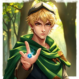 A 25-year-old male human mage with short blonde hair and piercing brown eyes, wearing an intricate green cape that billows gracefully around him