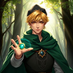 A 25-year-old male human mage with short blonde hair and piercing brown eyes, wearing an intricate green cape that billows gracefully around him