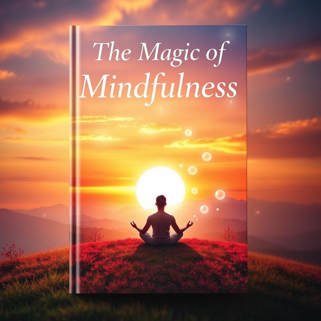 A captivating book cover for 'The Magic of Mindfulness', featuring a serene and mystical landscape