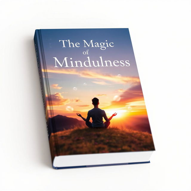 A captivating book cover for 'The Magic of Mindfulness', featuring a serene and mystical landscape